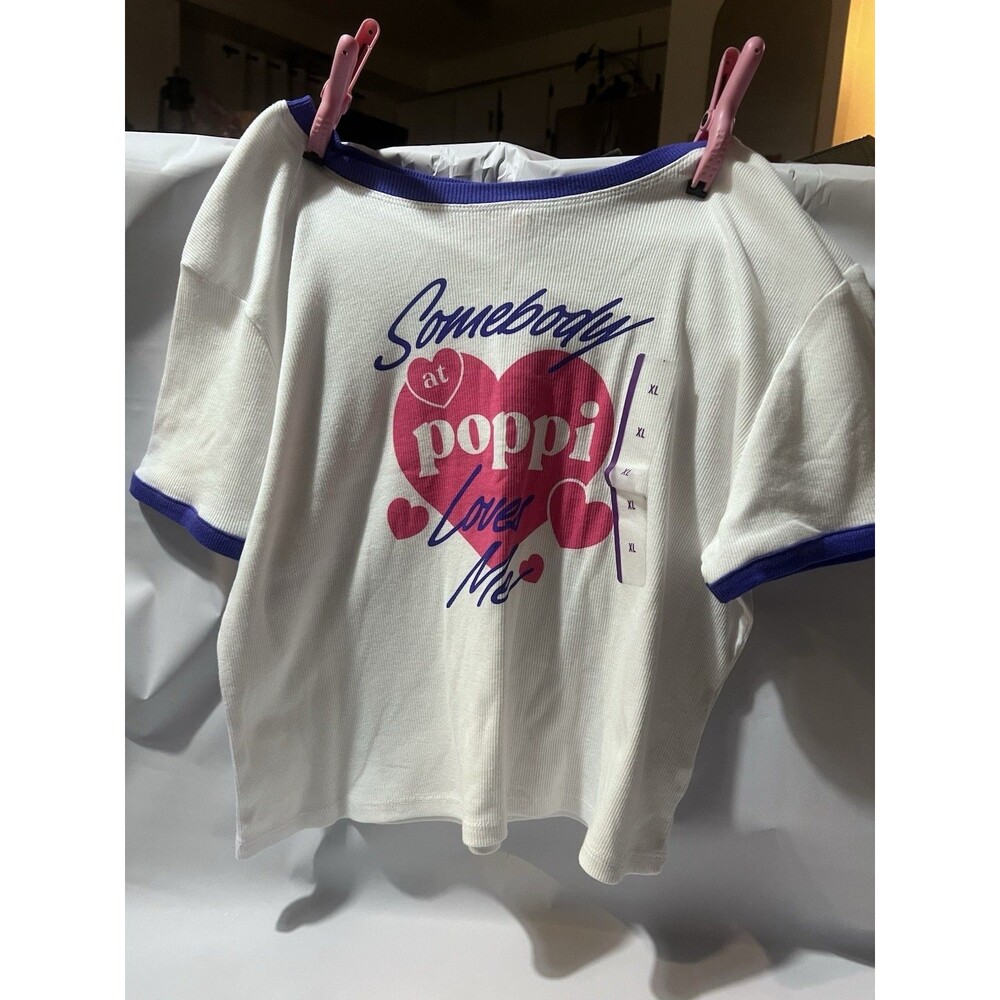 Poppi Graphic Heart Knit Cotton White Pink Purple 'Somebody Loves Me' T-Shirt XL